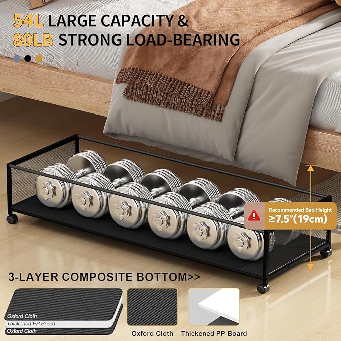 Under Bed Storage Containers with Wheels Large Underbed Shoes Blankets Clothes Toy Storage Drawers for College Dorms Bedrooms Nursery Rooms Organization (Black 2 Pack, 7.5in height(36"x16.6"x7.48")) - Image 4