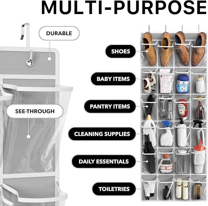 Simple Houseware 24 Pockets Large Clear Over the Door Shoe Organizer, Gray | 56" x 22.5", 4 Durable Metal Hooks, 5" x 9" Pocket Size, Multipurpose - Image 4