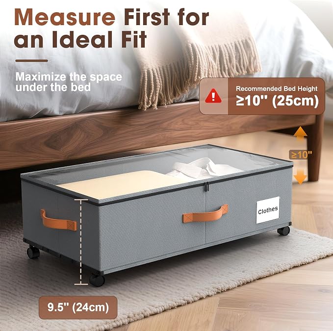 Eastherry Under Bed Storage Containers with Wheels, 9.5 inches Higher Underbed Shoes Blankets Clothes Toy Storage Drawers for College Dorms Bedrooms Nursery Rooms Organization, 2 Pack to be Assembled - Image 3