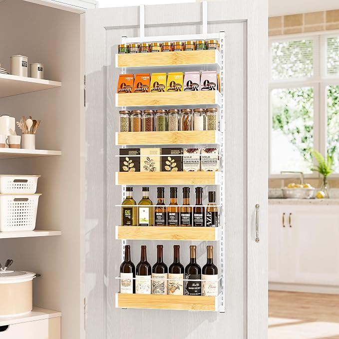6-Tier White Metal Door Hanging Spice Rack Organizer Over The Door Pantry Organizer Back of Door Storage Rack with Adjustable Basket Door Pantry Organizer with Anti-drop Rod for Kitchen by Unknown