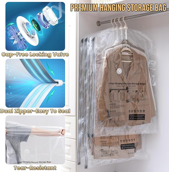TAILI Hanging Vacuum Storage Bags for Clothes,6 Combo with Pump | Vacuum Seal Bags for Clothing Travel, Electric Pump, Winter Clothes Storage Closet Organizers, Coats, Suits and Jackets - Image 6
