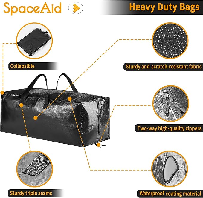 SpaceAid Heavy Duty Moving Bags, Extra Large Storage Totes W/Backpack Straps Strong Handles & Zippers, Alternative to Moving Boxes, Packing & Moving Supplies, Black (4 Pack) - Image 4