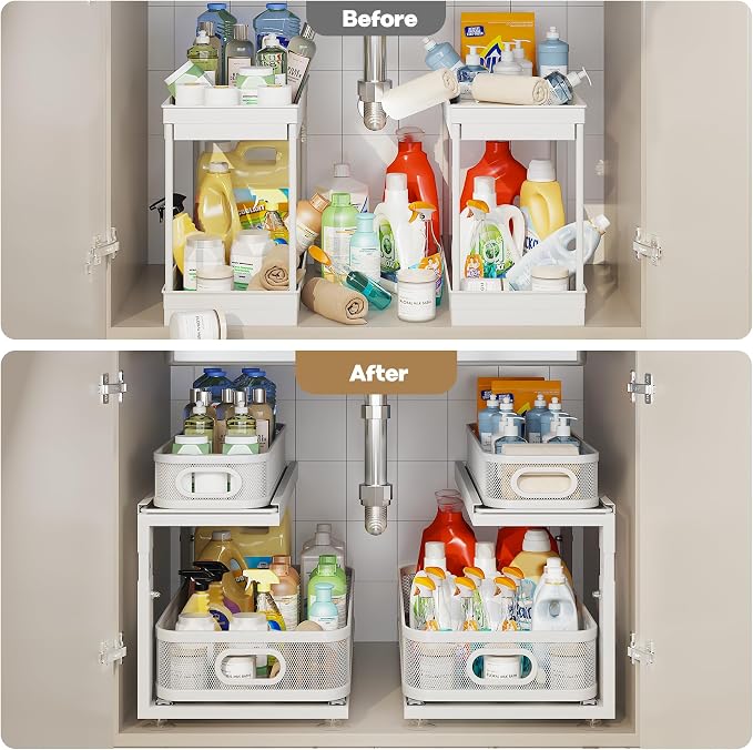 2 Pack 21IN-Depth Under Sink Organizer With Next-Gen Ball-Bearing Slides,2-Tier Precision Mesh Pull Out Cabinet Storage for Bathroom&Kitchen,Height Adjustable Drawers Shelf,Anti-rust-White - Image 6
