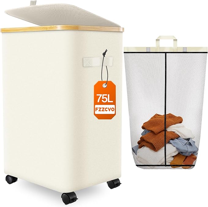 Laundry Hamper with Wheels, 75L Rolling Laundry Basket, Removable Inner Bag by Fzzcvo