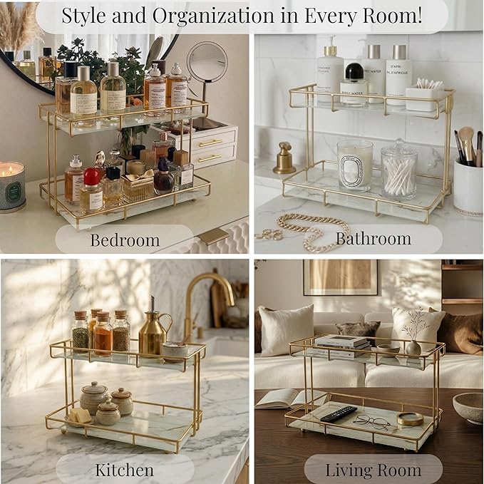 2-Tier White Marble Bathroom Countertop Organizer – Glass Shelves & Gold Metal Frame, Elegant Vanity Storage Shelf for Perfume, Skincare, Makeup & Toiletries - Image 4