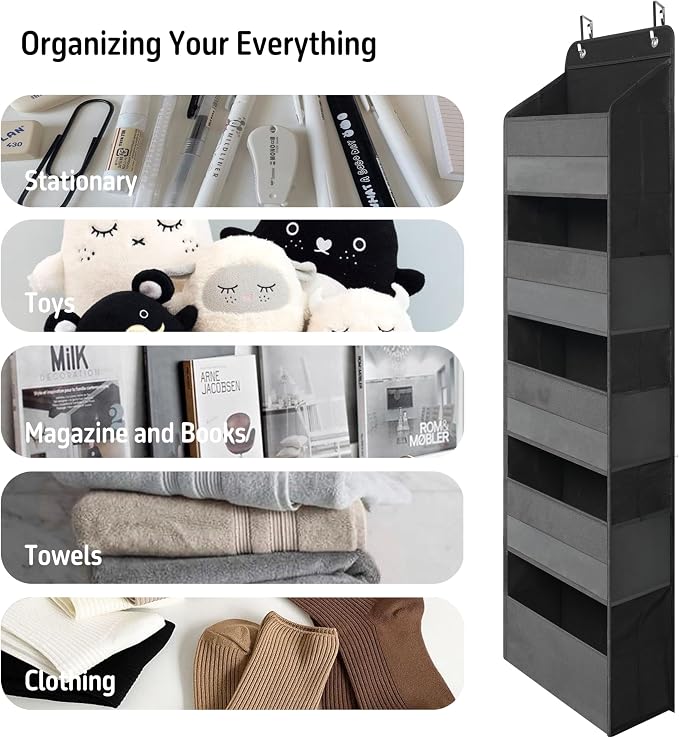 TYMENSH Black Over Door Organizer with 5 Large Clear Pockets and 6 Side Mesh Pockets, Anti-Tilt Hanging Door Storage for Closet, Bathroom, Nursery, Bedroom, Dorm, Toys, Cosmetics - Image 5