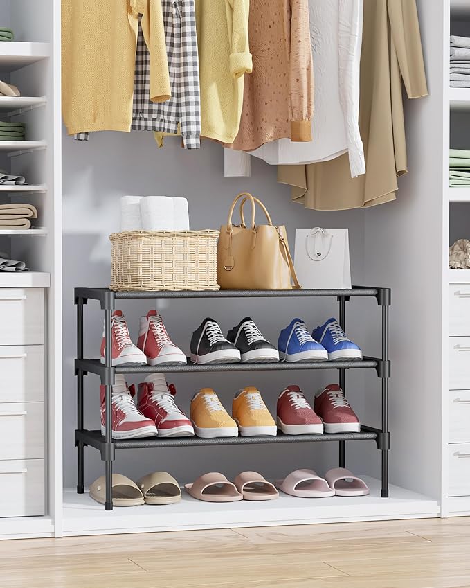 Kitsure Shoe Rack - Non-Woven Shoe Rack Shelf, 27.5" Wide - 3 Tier, Black | Shoe Organizer for Closet, Entryway, Garage, Stackable Shoe Shelves, college dorm&apartment essentials - Image 6