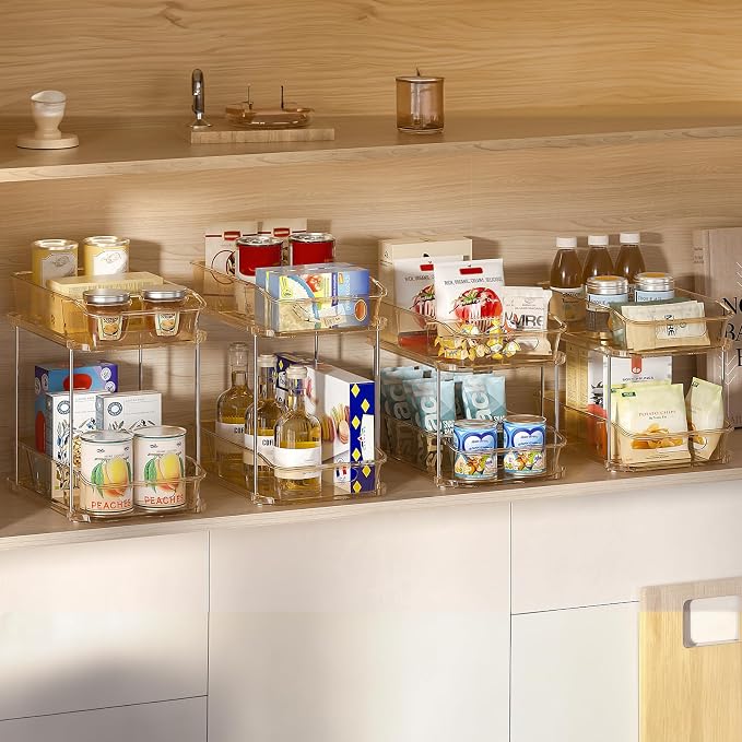 Delamu 2-Tier Under Sink Organizers and Storage, Multi-Purpose Stackable Bathroom Cabinet organizers, Pull Out Kitchen Pantry Organization and Storage with Dividers(4 Pack, Amber) - Image 3