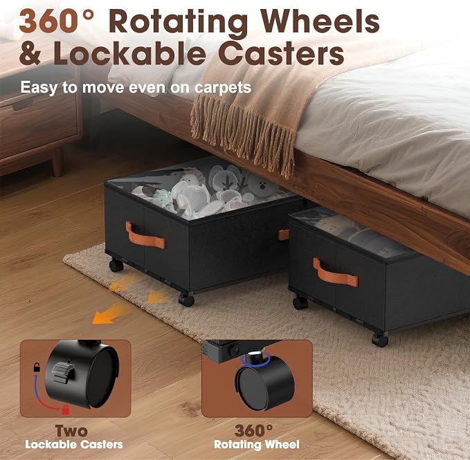 Eastherry Under Bed Storage Containers with Wheels, 9.5 inches Higher Underbed Shoes Blankets Clothes Toy Storage Drawers for College Dorms Bedrooms Nursery Rooms Organization, 2 Pack to be Assembled - Image 3