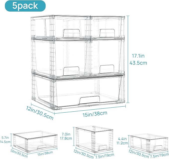 Vtopmart Clear Stackable Storage Drawers, 5 Pack Multi-Size Organizer Set - Image 3