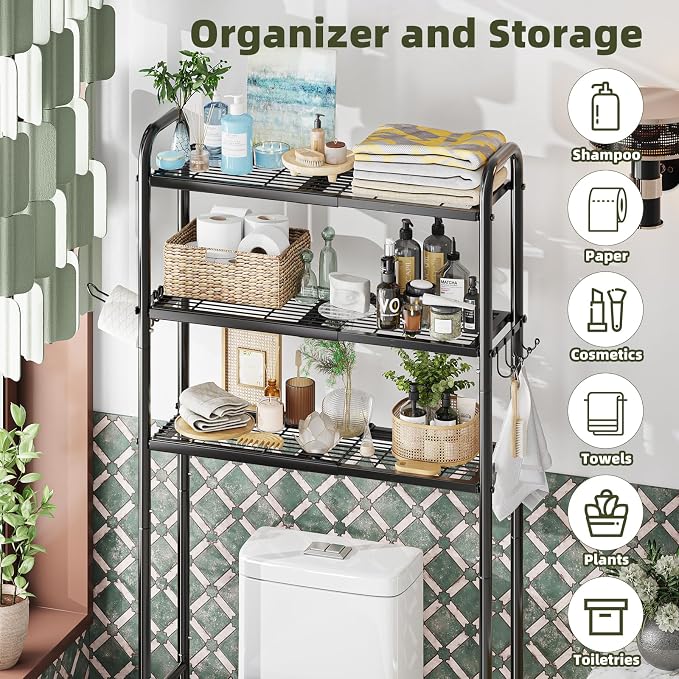 Simple Trending Expandable Over The Toilet Storage Rack, Metal 3 Tier Bathroom Organizer Shelf with Paper Holder and 3 Hooks, Black - Image 8