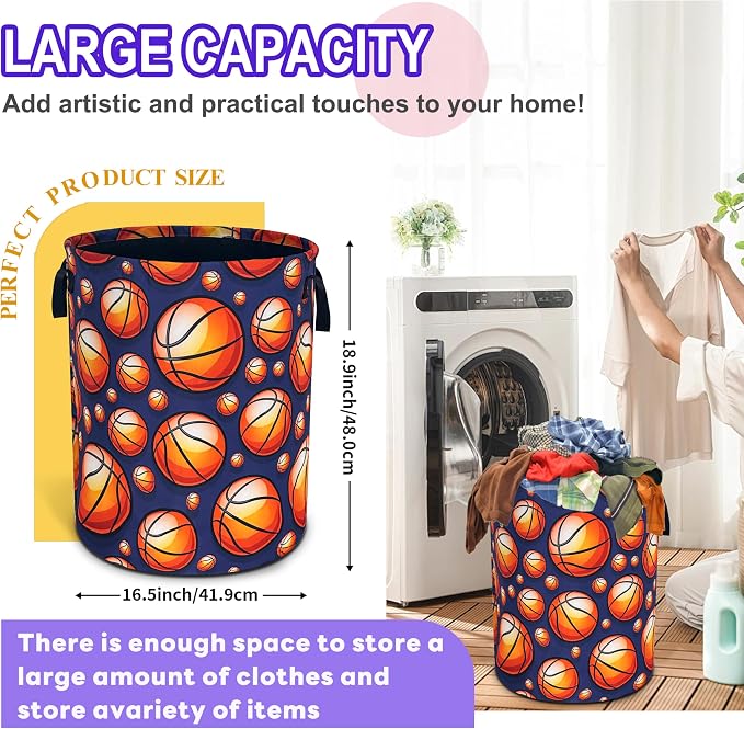 Basketball Laundry Basket Foldable Oxford Cloth Hamper 18.9 x 16.5 Inch - Image 2
