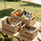 Water Hyacinth Storage Baskets, Set of 3 Stackable Rectangular Wicker Basket with Solid Wooden Rod Handles for Shelves, Kitchen & Bathroom - Image 7