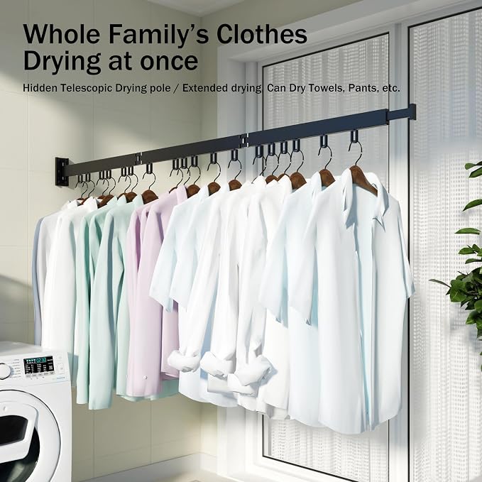 HEILAIYI Clothes Drying Rack,Laundry Drying Rack,Wall Mounted Clothes Rack,Laundry Rack Wall Mount,Folding Retractable Collapsible Drying Rack Clothing (Three-Poles,Loop Shape Hooks) - Image 8