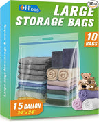 HIBAG 15 Gallon Large Storage Bags, 24” x 24” Resealable Clear Bags with Handle, Extra Large XL Heavy Duty for Clothes Pillow Travel Moving, Pack of 10 by HIBAG
