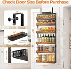 6-Tier Black Metal Door Mounted Hanging Spice Rack Shelves Over The Door Pantry Organizer with Adjustable Basket Back of Door Organizer and Storage for Kitchen with Anti-drop Rod - Image 2