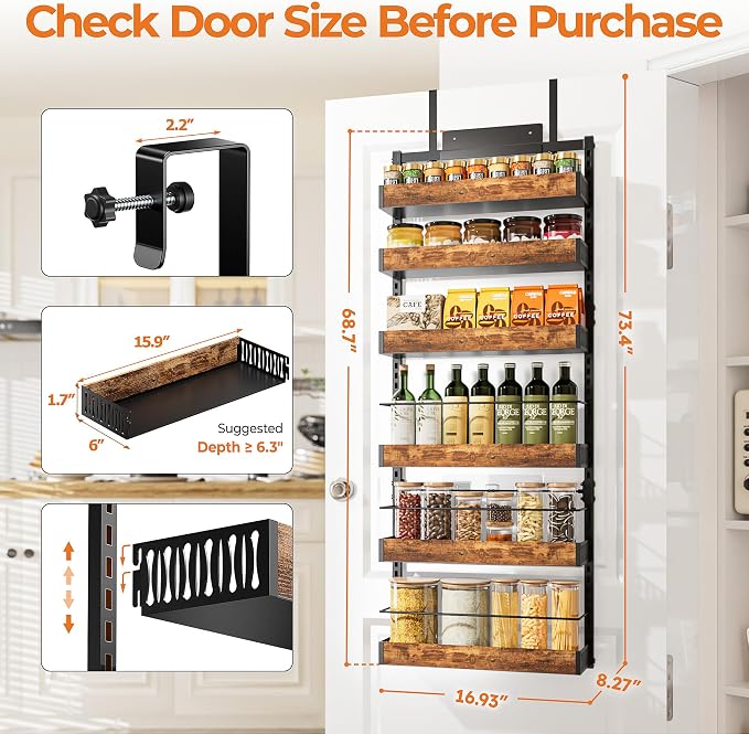 6-Tier Black Metal Door Mounted Hanging Spice Rack Shelves Over The Door Pantry Organizer with Adjustable Basket Back of Door Organizer and Storage for Kitchen with Anti-drop Rod - Image 2