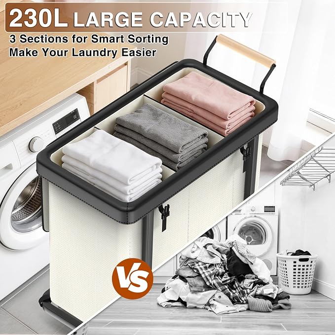 Rolling Laundry Hamper with Wheels,Laundry Hamper 3 Section with Lid Beige - Image 4