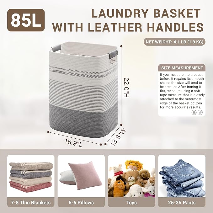 85L Tall Woven Laundry Basket Hamper with Leather Handles,Grey - Image 2