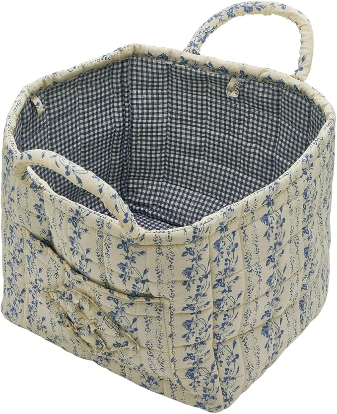 Quilted Fabric Storage Basket with Handles & Pocket, Foldable Laundry Hamper Boho Floral Print Organizer Bin for Home, Picnic, Office 12"x10"x10" (B-5) - Image 5