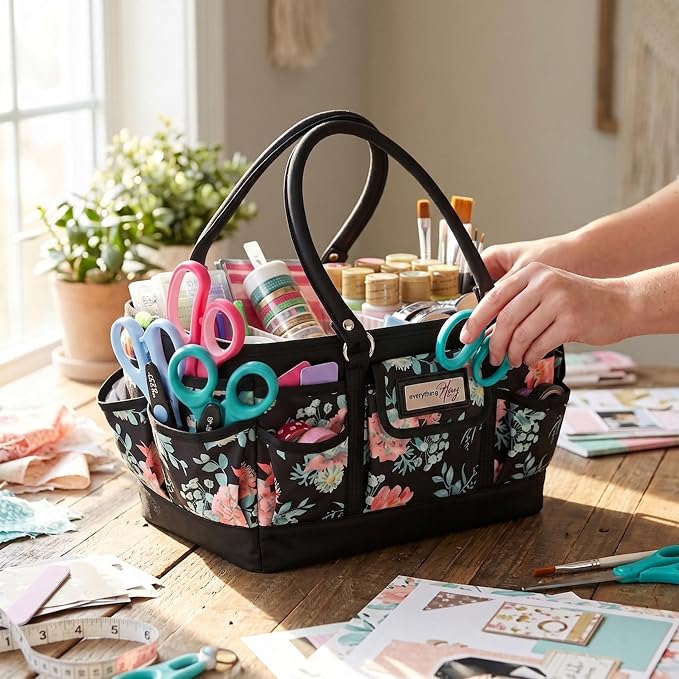 Everything Mary Deluxe Store & Tote Organizer – Black & Floral Craft Bag with Handle – Sewing, Scrapbooking & Art Supply Caddy – Stylish Storage for DIY Projects - Image 8