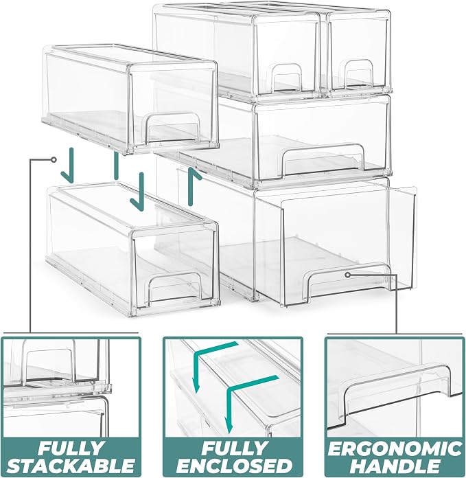 Sorbus Clear Stackable Storage Drawers with Pull-Out Bins (Small, 4 Pack) - Image 4