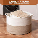 Foldable Laundry Hamper Basket with Collapsible Handle Cotton Rope Soft Woven Fabric Storage Organizer Clothes Toys Nursery Bedroom Dorm Space Saving Bin (White & Brown, 80L(21.7"D x 13.8"H)) - Image 2