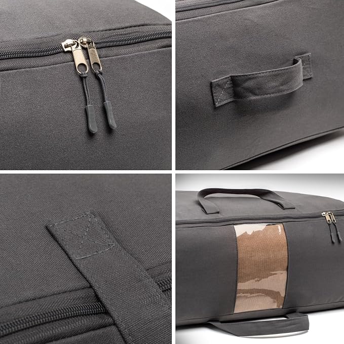 Soft Canvas Storage Bags with Zipper. Thick Breathable, 1pc King/Queen Comforter Organizer. Four Carrying Handles and Window. Large 25x19x9in Bag for Sheets Blankets Bedding Pillows, Clothes (Grey) - Image 4