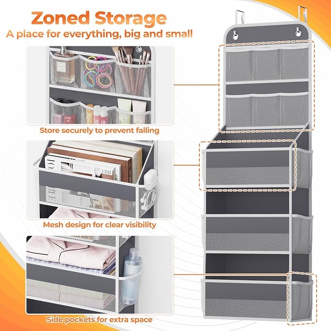 SpaceHacks 5-Tier Over the Door Organizer with Mesh Pockets, Dark Grey - Image 3