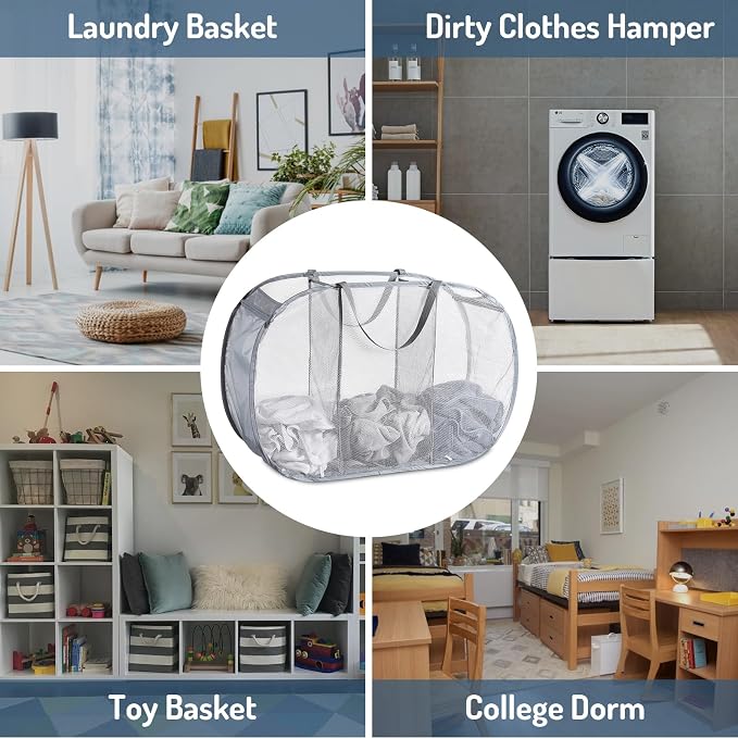 Seiritex Mesh Popup Laundry Hamper 3 Compartment Sortable Horizontal Collapsible Laundry Basket for Clothes Laundry Room Bedroom Toys Travel (Gray) - Image 6