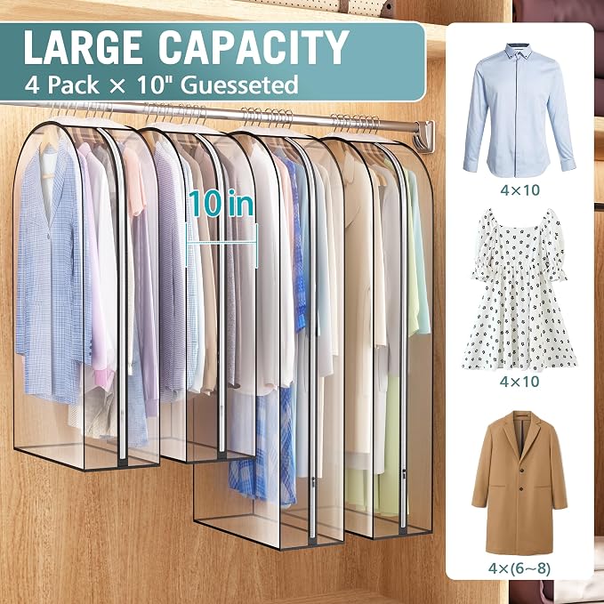 Liuoud Clear Garment Bags for Hanging Clothes 10” Gusseted, 4 Pack, 40”&50” | Suit Bags for Closet Storage with Large Metal Zipper, Breathable odorless Hanging Plastic Clothes Cover for Coat Dress Fur - Image 2