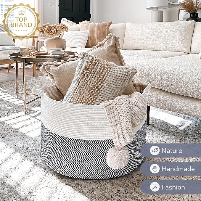 INDRESSME XXXLarge Woven Rope Blanket Basket Living Room Navy, 90L - Image 6