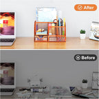 EasyPAG Mesh Desk Organizer with Drawer Multi-functional Pen Holder Stationery Organizer for Office School Supplies 6 Compartments Dorm Organizers and Storage for Desk, Orange - Image 4