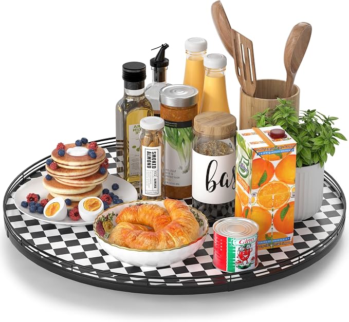 AMH 21-Inch Black and White Checkerboard Lazy Susan Decorative Tray by AMH