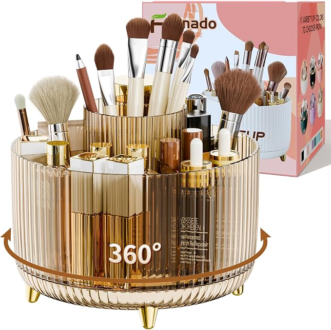 fanado 360° Rotate Makeup Brush Holder Organizer, Makeup Organizers Countertop, Makeup organization and Skincare Storage for Vanity, Desktop, Bathroom (Clear Amber) by Unknown