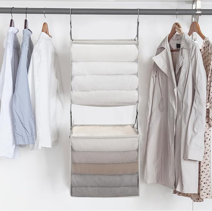 STORAGE MANIAC 2-Tier Hanging Closet Organizer, Fabric Storage Baskets with Hooks, Closet Shelves for Dorm Room, Apartment, Bedroom, Garment Rack & Wardrobe, Ivory - Image 7