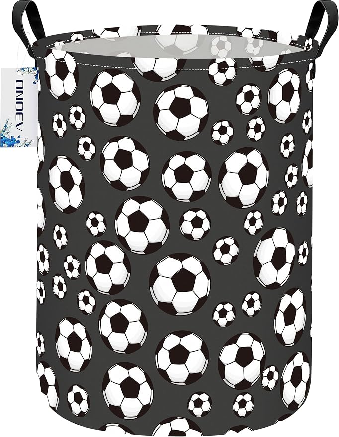 Round Soccer Ball Print Laundry Hamper, Cotton Canvas Storage Bin by ONOEV
