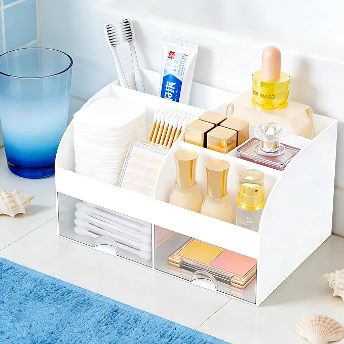 Makeup Organizer with 2 Drawers, Cosmetic Storage for Dresser Vanity and Bathroom Countertop,Make up organization and Skincare Storage with Beauty Brush Holder, Cosmetic Display Case 2Pcs White - Image 2