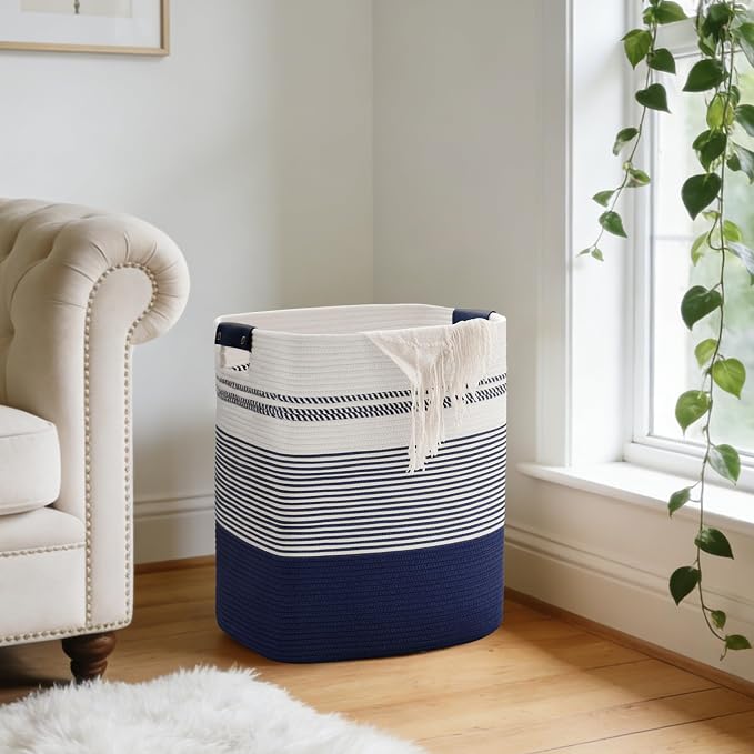 85L Tall Woven Laundry Basket Hamper with Leather Handles,Navy - Image 7