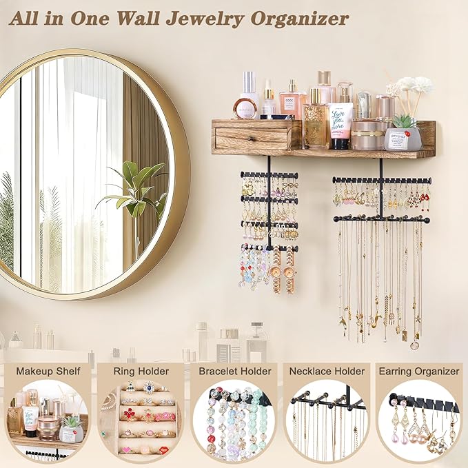 VINAEMO Jewelry Organizer Hanging Wall Mounted Jewelry Holder with Rustic Wood Drawer & Large Capacity Storage Shelf Rack Display for Earrings Rings Necklaces Bracelet - Image 2