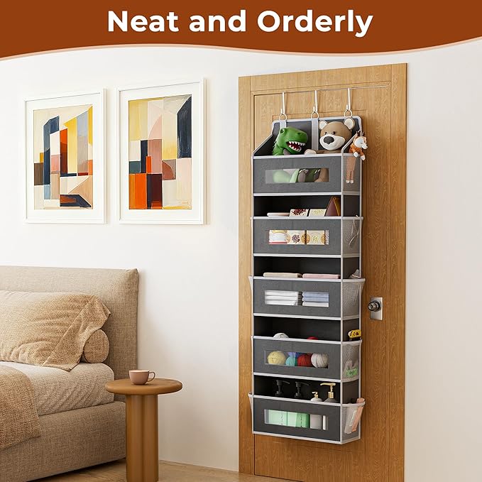 3 Pack 5 Tier Over the Door Organizer Space-Saving Storage for Any Room | Grey Hanging Closet Organizer with 10 Mesh Pockets and Clear Windows, Closet Organizers and Storage for Bathroom, Bedroom - Image 5