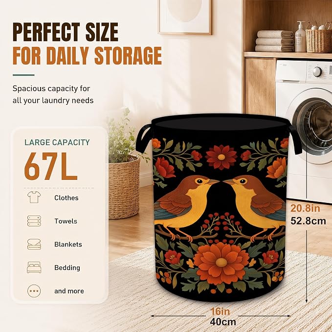 Vintage Birds Laundry Basket,Rustic Flowers Oxford Cloth Foldable Hamper with Handles, Portable Clothes Storage Bucket and Laundry Bag for Bathroom Laundry Room Bedroom Dorm - Image 2