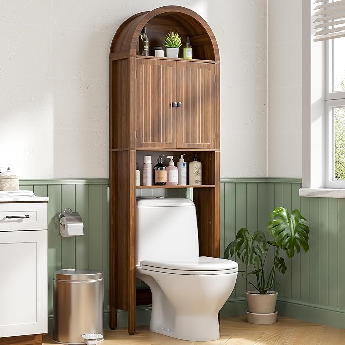 Arched Over The Toilet Storage Cabinet with Fluted Doors, 4 Tier Small Bathroom Shelf Organizer, Mid Century Modern Bathroom Cabinet with Adjustable Shelf, Slim Narrow Arch Toilet Rack, Walnut by Woemtoric