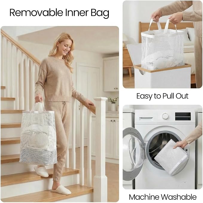 efluky Slim Laundry Basket with Lid, Narrow Laundry Hamper with Removable Bag, Skinny Dirty Clothes Basket with Bamboo Handles for Bathroom, Bedroom & Laundry Room, 75L White - Image 7