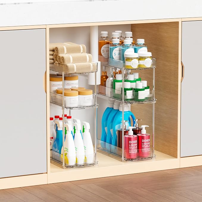Yieach 2 Pack 13.8″ Deep 3 Tier Under Sink Storage Organizer,Large Pull Out Bathroom Organizers and Storage,Slide Out Acrylic Undersink Storage Shelf,Kitchen Under Sink Organizer for Cleaning Products - Image 6