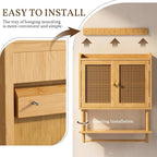 AmazerBath Bathroom Wall Cabinets, Bamboo Medicine Cabinet with Rattan Door, Large Over The Toilet Storage Cabinet with Towel Bar, Wall Mounted Cabinet with Adjustable Shelves for Small Spaces - Image 5
