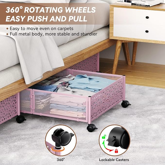 PHINOX Under Bed Storage Container with Wheels,Patterned,Metal,2 Pack,Pink | Tool-free assembly, glide smoothly, easy reach, foldable, maxmazie low-profile beds, dorm, keep seasonal clothes, shoes fresh - Image 4
