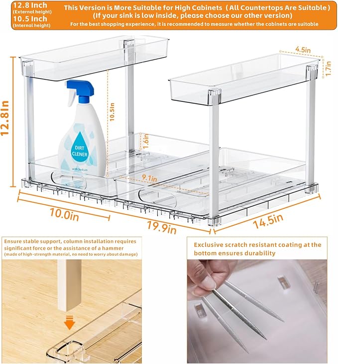 Yieach 2 Pack 14.6″ Deep Pull Out Under Sink Organizer,12.8″ High 2 Tier Slide Out Cabinet Organizer for Kitchen Cabinet,Undersink Organizers,Under Sink Shelves,Bathroom Organizers and Storage,Clear - Image 4