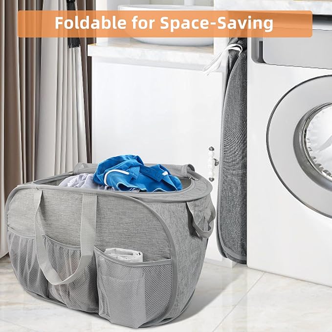 Collapsible Laundry Baskets with Lid, Foldable Laundry Basket with Pockets, Pop Up Laundry Hamper with Dual Handles, 99L Sturdy Hampers for Clothes, Groceries, Supplies, Tools, Grey - Image 5