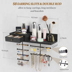 VINAEMO Jewelry Organizer Hanging Wall Mounted Jewelry Holder with Rustic Wood Drawer & Large Capacity Storage Shelf Rack Display for Earrings Rings Necklaces Bracelet(Black) - Image 5